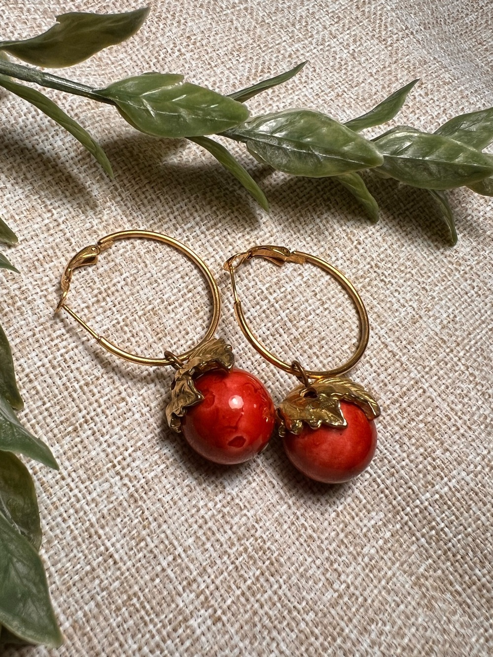 Vintage Gold Hoop Earrings with Red Cranberry Beads and Gold Leaves
